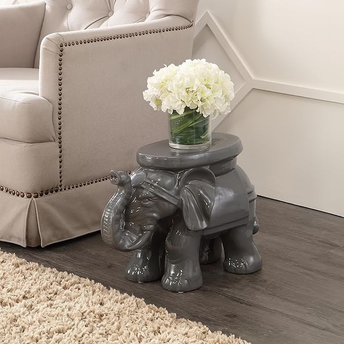 JONATHAN Y TBL1007E White Elephant 14.25" Ceramic Indoor/Outdoor Garden Stool Coastal, Contemporary, Transitional, Patio, Garden Room, Bathroom, Living Room, Gray