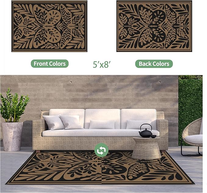 GENIMO Outdoor Rug 5' x 8' Waterproof for Patio Clearance, Reversible Plastic Straw Camping Mat, Lightweight Carpet for Rv, Camper, Deck, Porch, Picnic, Balcony, Beach, H.Black & Brown