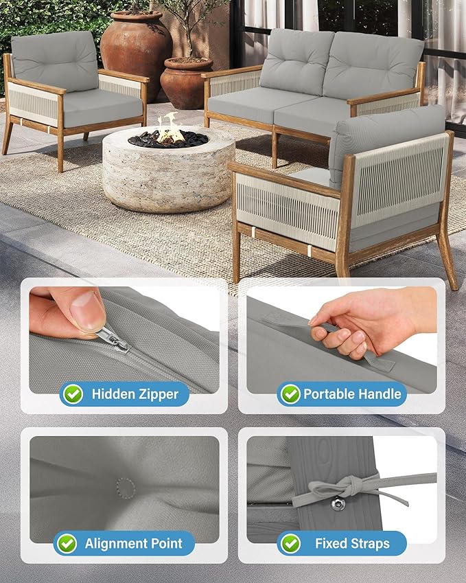 YEFU Outdoor Cushions for Patio Furniture: Waterproof Fade-Resistant Outdoor Chair Cushions Set of 4 - Deep Seat Patio Cushions Replacement with Ties for Chair Sofa Couch - 24 x 24 Inch(Light Gray)