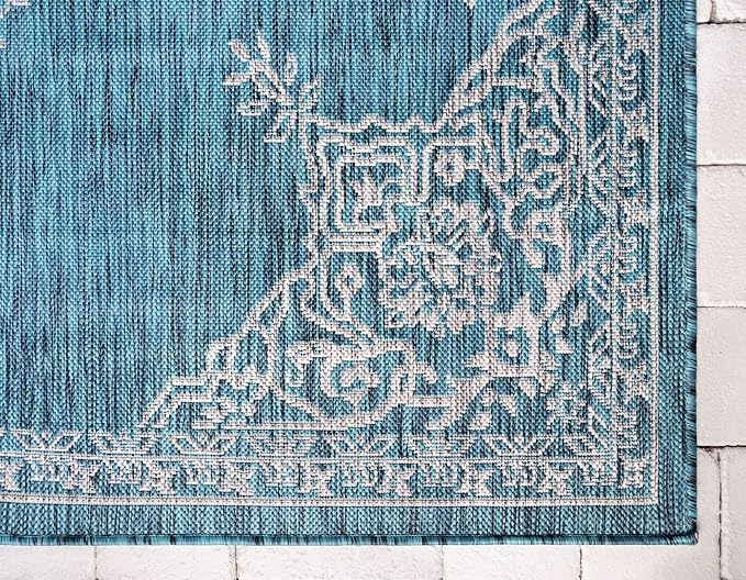 Unique Loom Outdoor Traditional Collection Area Rug - Antique (4' 1" x 6' 1" Rectangle, Teal/ Gray)
