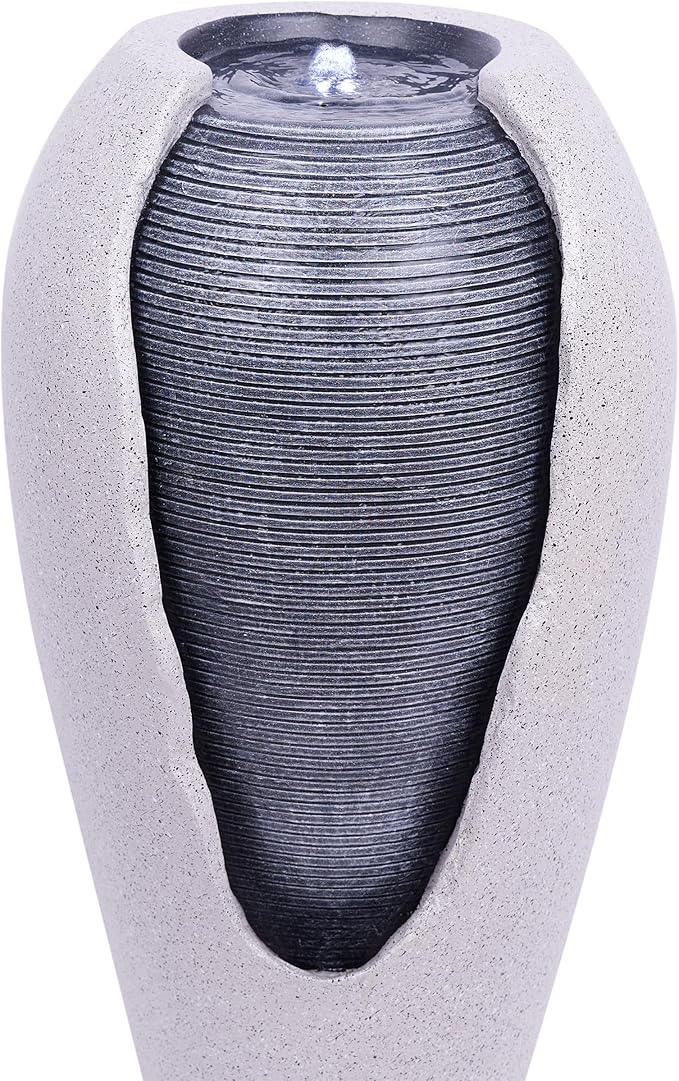 Alpine Corporation - 29" Tall Two Tone Ribbed Jar Floor Fountain with LED Lights – Elegant Indoor/Outdoor Water Feature, Easy Setup with Pump & Plug-in Design (Gray)