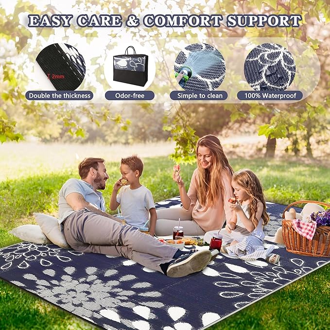Wallona Outdoor Rugs 8x10 ft Patio Waterproof Clearance Indoor Outdoor Large Carpet for Patio Plastic Straw Reversible Area Rugs Mat for RV, Camping, Balcony, Beach, Picnic, Porch, Flower Blue & White