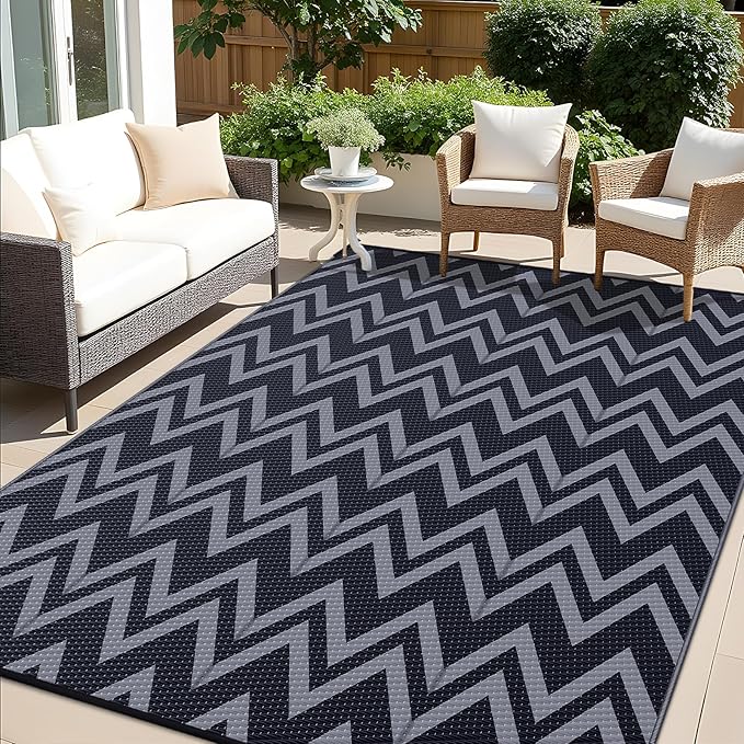 OLANLY Waterproof Outdoor Rug 6x9 ft Clearance, Reversible Outdoor Plastic Straw Rug, RV Mat, Indoor Outdoor Carpet for Patio, Camping, Balcony, Deck, Backyard, Black & Grey