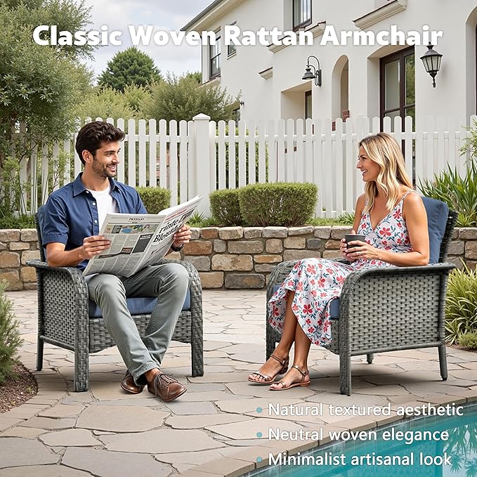 2 Pack Wicker Patio Furniture Chairs,Outdoor Rattan Chairs with Armrest Support 250 lb,Blue