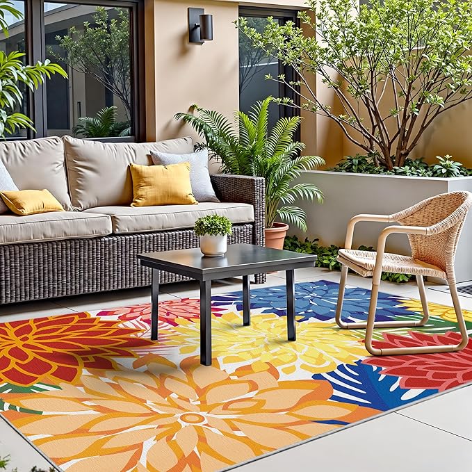 Colorful 3x5 Washable Rug for Living Room Tropical Botanical Modern Floral Chenille Area Rugs Low Pile Non Slip Carpet for Patio, Bedroom, Laundry, Rainbow