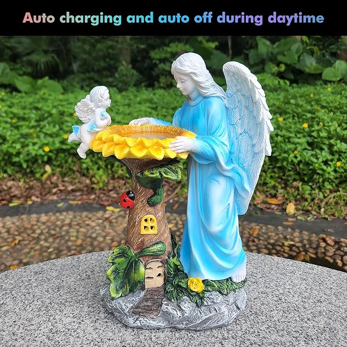 Solar Garden Statue, Angel Outdoor Decor with Color Changing Light Garden Figurine Sunflower Outdoor Statue Waterproof Sculpture Lawn Ornament for Patio Backyard Christmas Birthday Present