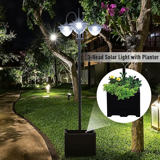 Outsunny 74.5" 3-Head Solar Lamp Post Light with Planter, Solar Pole Lights Outdoor Waterproof LED Lighting for Backyard Pathway Patio Lawn Driveway Decor, Black
