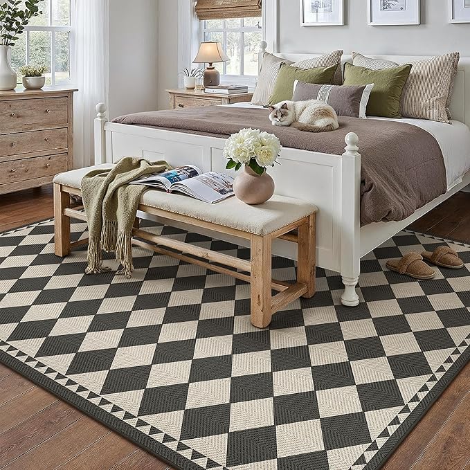 HUGEAR 6x9 Outdoor Rug Black/Beige Linen-Look Fabric Checkered Area Rug High Traffic Stain Resistant Easy Clean Durable Rugs for Indoor/Outdoor Patio Deck Balcony Porch Garden Courtyard