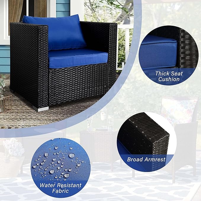 Wicker Patio Chairs,Outdoor Rattan Chairs with Cushion,Patio Furniture for Gardens, Backyards, Balconies,Poolside(Blue)