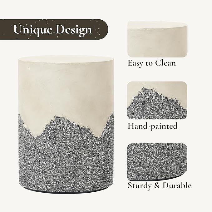 LuxenHome Gray and Cream Round Outdoor Side Table 18 Inch End Tables for Patio, Garden Small Accent Decorative Stool, Plant Stand Drum Table Indoor and Outdoor