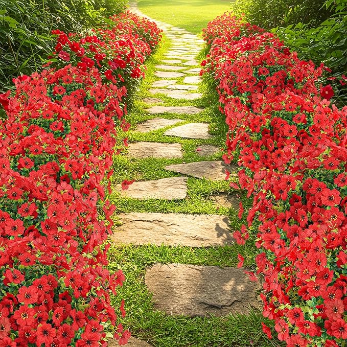 Artificial Flowers Outdoor Faux Plants UV Resistant Fake Patio Flowers Plastic Greenery Plnats Outside Bulk for Spring Garden Hanging Planter Home Vase Decor, 24 Bundles (Red)