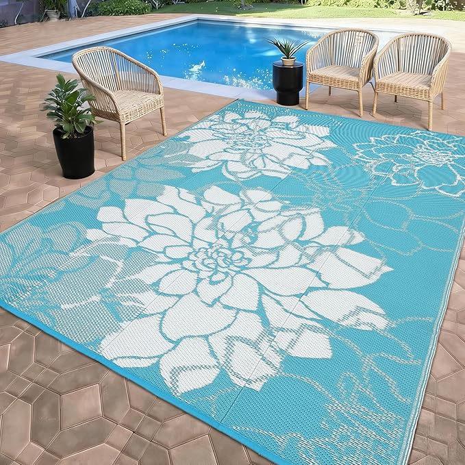 COZYLOOM Outdoor Patio Rug 8x10 Waterproof Plastic Straw Rug Reversible UV Resistant Camping Mat, Foldable Lightweight RV Picnic Mat with Portable Bag, Modern Flower Outdoor Carpet for Yard, Blue