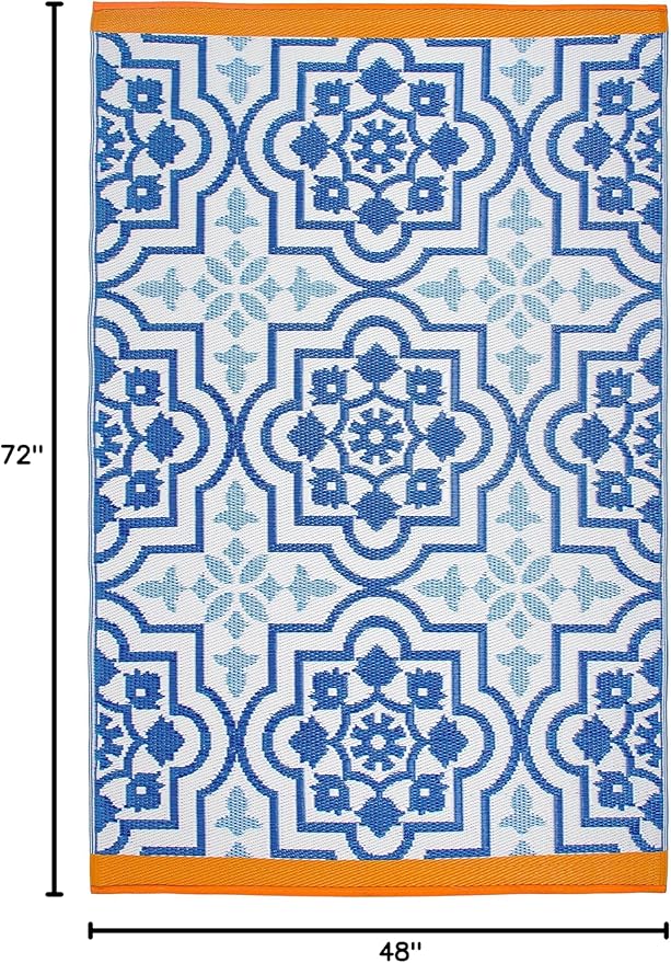 Fab Habitat Outdoor Rug - Waterproof, Fade Resistant, Crease-Free - Premium Recycled Plastic - Spanish Tile Farmhouse - Patio, Deck, Porch, Balcony, Laundry Room - Puebla - Blue - 4 x 6 ft