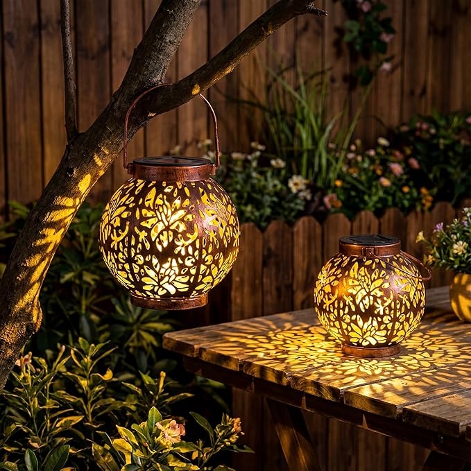 JOIEDOMI 2 Pack Outdoor Solar Hanging Lantern Lights, Waterproof Tabletop with Handle, LED Moroccan Lanterns, Metal Decorative Garden Solar Lights Spring for Patio, Lawn, Porch, Backyard