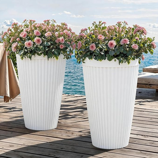 20" Tall Planters Set of 2, High-Density Resin Fluted Outdoor Pots for Plants, Versatile Indoor/Outdoor Flower Pots w/Drainage Holes for Patio, Garden, Porch & Living Room Decor, Ideal Gift