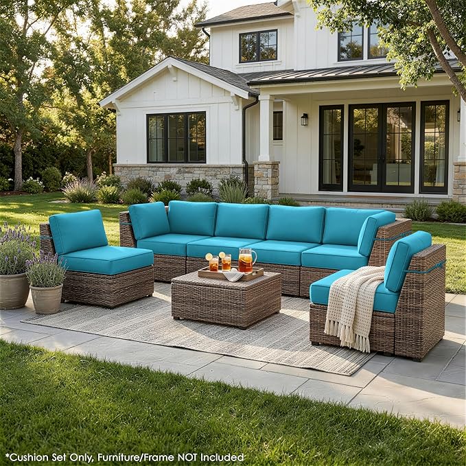 Outdoor Replacement Cushions for Patio Furniture, 5" Foam High-Density, 14-Piece Water-Resistant Outdoor Cushion for 6-Seat Sectional Patio Conversation Sets, Liner&Cover