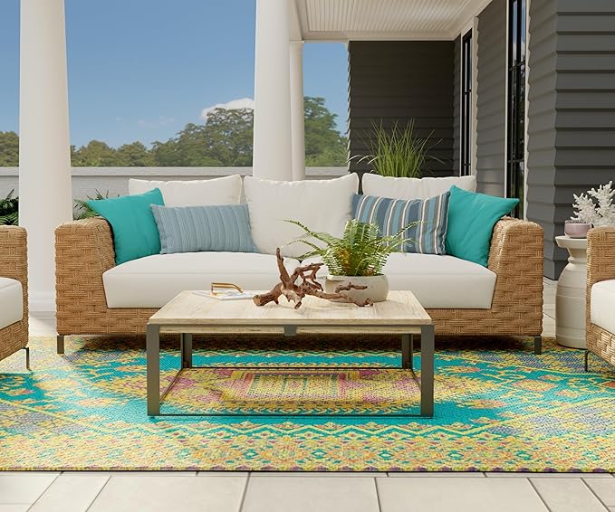 Mad Mats Traditional Outdoor Rug, Reversible Plastic Mat (5' x 8', Oriental Turkish - Aqua) for Patio, Porch, Poolside, Mudroom, Camping, RV, Deck