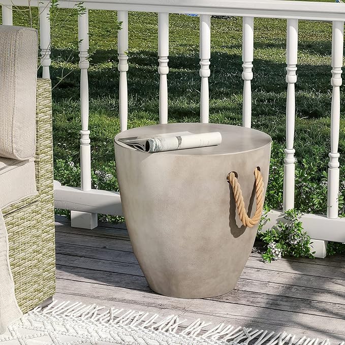 SUNBURY Outdoor Side Table Concrete Side Table, 17" H Small Outdoor Side Table End Table for Patio w Hemp Rope, Ceramic Round Coffee Table Accent Table Garden Outdoor Plant Stands