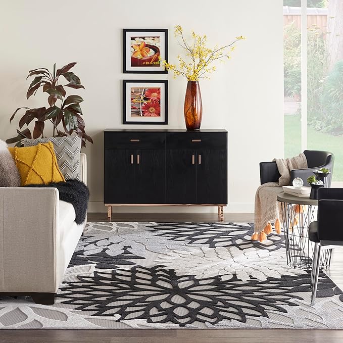 Nourison Home Aloha 114" x 156" Fabric Indoor/Outdoor Rug in Black/White Finish