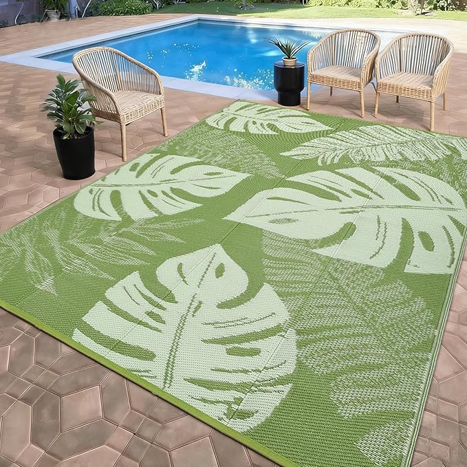 Waterproof Plastic Straw Outdoor Rug 9x18 Patio Reversible UV Resistant Foldable Camping Carpet Modern Leaf Print Large Outdoor Rugs for Deck, Picnic, Porch, Camper, Balcony, Beach，Green