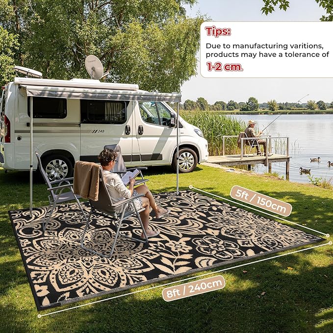Findosom Waterproof Outdoor Rug 5' x 8' - Reversible Mandala Outdoor Plastic Straw Rug, Durable Foldable Patio Rug for RV, Deck, Balcony, Backyard, Picnic, Porch, Camping, Beach, Black