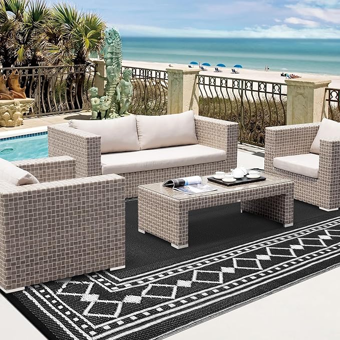 Garvee Outdoor Rug 10x14 for Patios Clearance,Waterproof Mat,Large Outside Carpet,Reversible Plastic Straw Camping Rugs,Porch,Deck,Balcony,Backyard,Black/White