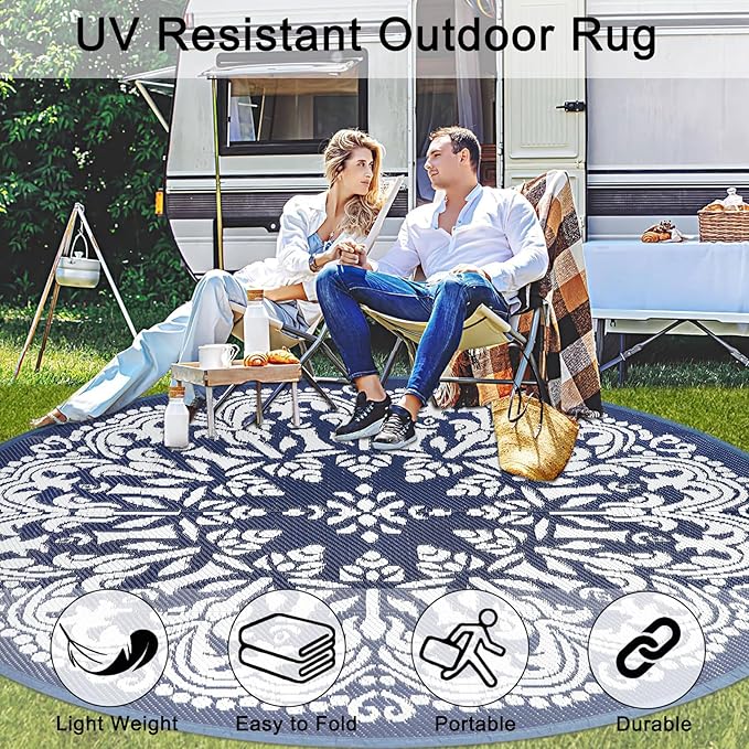 Homcomoda Round Outdoor Patio Rug 8Ft Waterproof Indoor Outdoor Area Rug Blue Classic Style