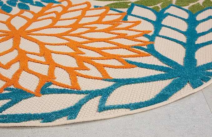 Nourison Home Aloha Indoor/Outdoor Multicolor 5'3'' x Round Area--Rug, Tropical, Botanical, Easy--Cleaning, Non Shedding, Bed Room, Living Room, Dining Room, Deck, Backyard, Patio (5 Round)