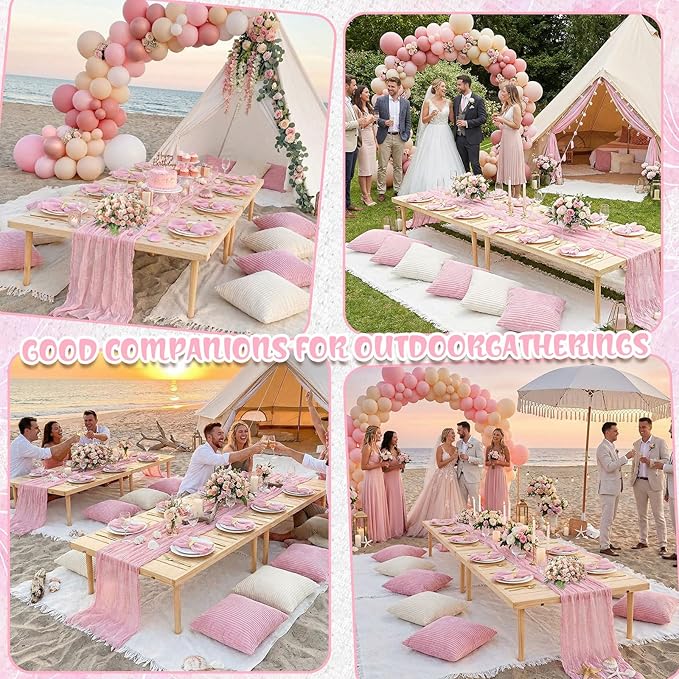 91 x 71 Extra Large Outdoor Boho Picnic Blanket with Pink Table Runner, 12 Throw Pillow Covers 12 Napkins Woven Cotton Yarn Oversize Beach Blanket Washable Picnic Camp Wedding