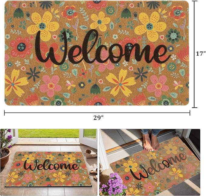 Spring Floral Welcome Mats for Front Door, Indoor, Outdoor, Entryway, Faux-Coir Seasonal Thin Doormat 17"X30", Outdoor-Porch-Rug Non-Slip Dirt-Trapping for Garden, Patio, Backyard