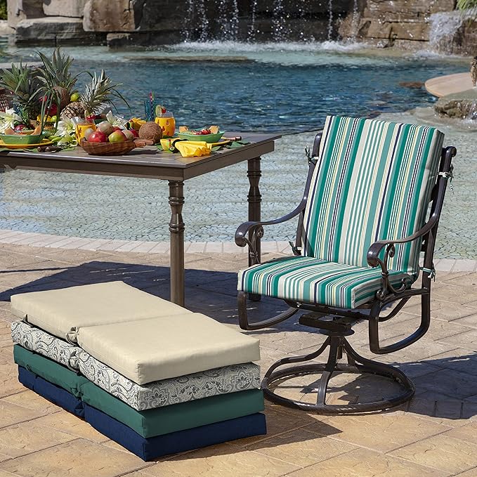 Arden Outdoor Patio Dining Chair Cushion, 20x44, Rain-Proof Seat Pad, Fade-Resistant Outdoor Cushion Teal Cobalt Stripe
