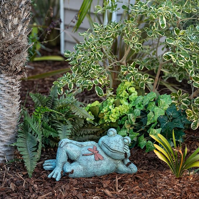 Alpine Corporation 7" Tall Indoor/Outdoor Sleeping Frog with Dragonfly Garden Statue Decoration