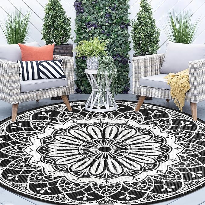 Cekene Round Outdoor Rugs Waterproof 8Ft Reversible Outdoor Patio Rugs Portable RV Camping Mats Lightweight Plastic Straw Rugs Outdoor Area Rug for Patio Picnic Beach BBQ, Black/Camel