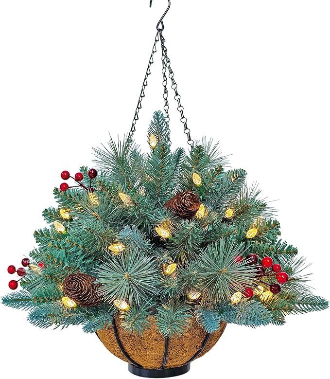 18 Inches Pre-lit Blue Spruce Artificial Christmas Hanging Basket with Red Berries, Pine Cones,40 C3 Dual-Color Multi-Functional Battery Operated LED Lights with Timer