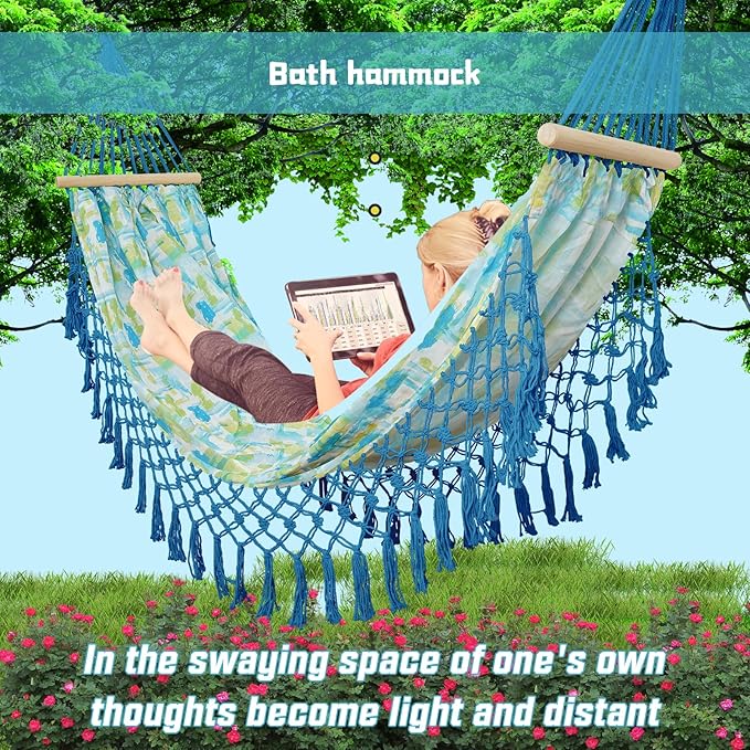 Boho Classic Hammock with Tassel,Max 500lbs Handmade,2 Person Hammock Hammock for Indoor & Outdoor, Lightweight Durable - for Patio, Porch, Backyard Lounging(Blue)