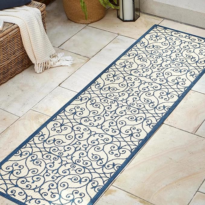 JONATHAN Y Vintage Filigree Indoor Outdoor Runner Rug 2X8 Navy/Beige, Madrid Textured Weave for Backyard, Patio, Porch, Easy-Cleaning, High Traffic, Pet-Friendly, Non-Shedding (SMB107G-28)