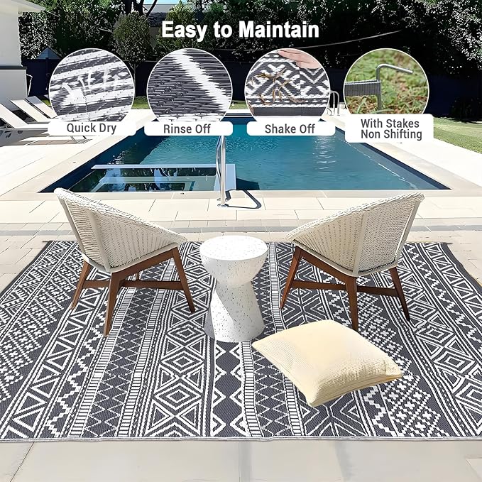 GarveeLife Outdoor Plastic Straw Rug 9x12 Waterproof UV Resistant Patio Rug Lightweight Floor Mat for Camping, Picnic, Backyard, RV, Beach, Picnic, Grey & White