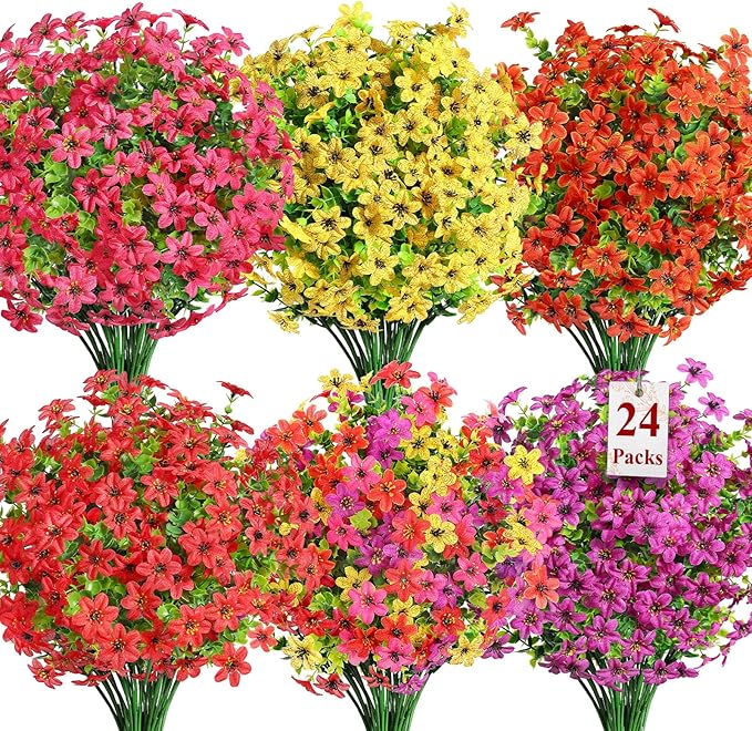 SHareconn 24 Bundles Artificial Flowers for Outdoors Spring Decoration, Fake Silk Realistic Faux Plants UV Resistant for Outside Planter Porch Patio Summer Indoor Decor, RedRosePurpleYellowOrange