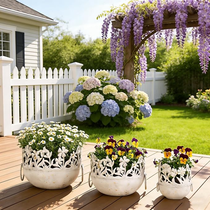 3-Piece Vintage Metal Floral Cutout Planter Set, Rustic Garden Flower Pots for Indoor Outdoor Decor, Distressed Bronze Planters with Handles