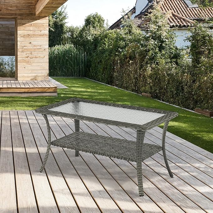 Patio Coffee Table Wicker Table Outdoor PE Rattan Glass Top Table with Storage Shelf Rectangle Patio Outdoor Coffee Table for Patio Garden Balcony Porch Deck Poolside, Grey