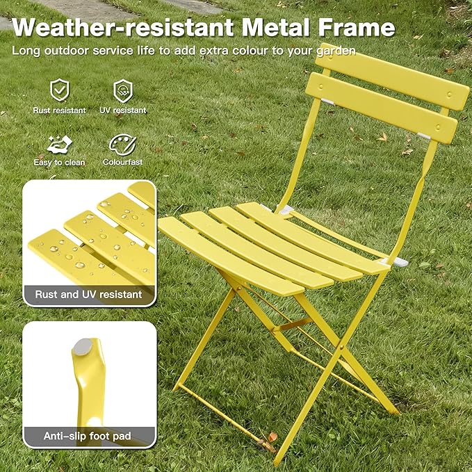 3 Piece Bistro Set, Folding Patio Furniture Set, Outdoor Table and Chairs Set for Patio, Garden, Balcony and Poolside, Yellow