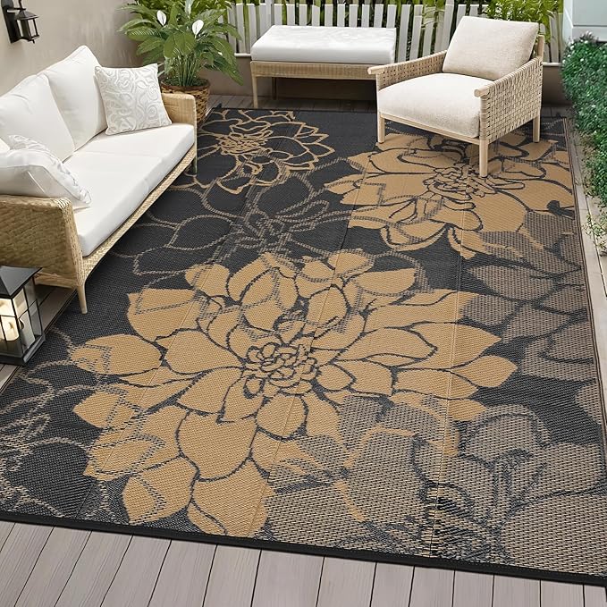 Outdoor Rug 9x12 Reversible Modern Floral Patio Rug Waterproof & Washable Outside Carpet, UV Weather Resistant RV Camping Mat, Durable Plastic Outdoor Carpet for Garden Yard, Brown