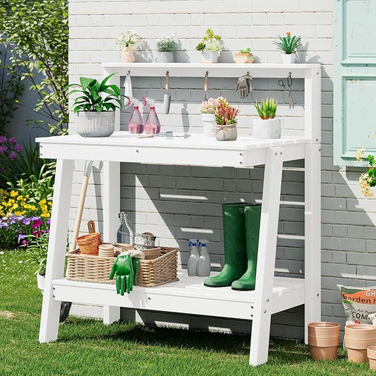SERWALL Potting Bench Outdoor with Storage, 3-Tier HDPE Gardening Table with Angled Legs & Tool Hooks, All-Weather Heavy Duty Potting Table for Patio, Backyard, Garden,White