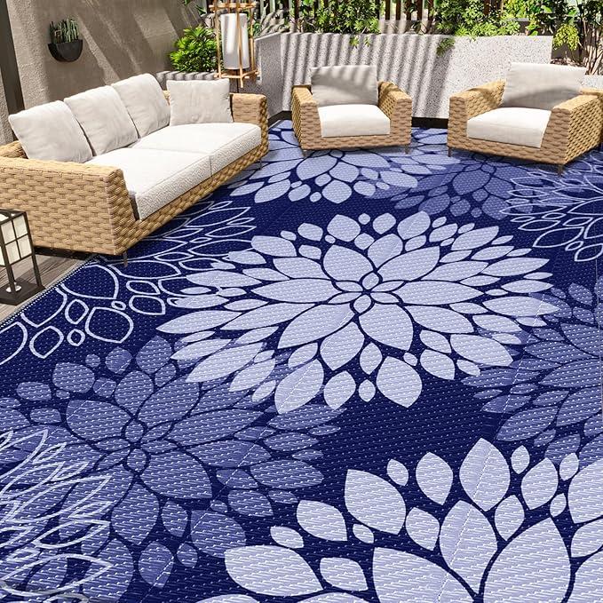 LuxStep Outdoor Rug Waterproof Outdoor Plastic Straw Rug Reversible Patio Rug Mat Outdoor Decor Large Area Mats for RV, Picnic, Backyard, Deck, Balcony, Porch, Beach, Camping, 8' x 10' Blue