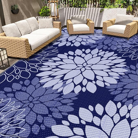 LuxStep Outdoor Rug Waterproof Outdoor Plastic Straw Rug Reversible Patio Rug Mat Outdoor Decor Large Area Mats for RV, Picnic, Backyard, Deck, Balcony, Porch, Beach, Camping, 8' x 10' Blue