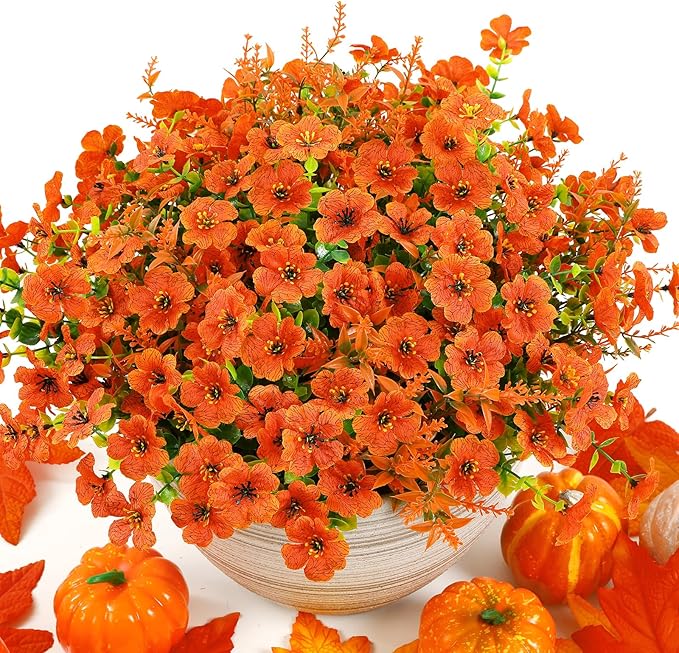 SHareconn 24 Bundles Artificial Flowers for Outdoors Decoration, Faux Plants Fake Silk Colorful Daisy Eucalyptus Lavender, UV Resistant for Outside Home Porch Patio Indoor Spring Decor, Orange