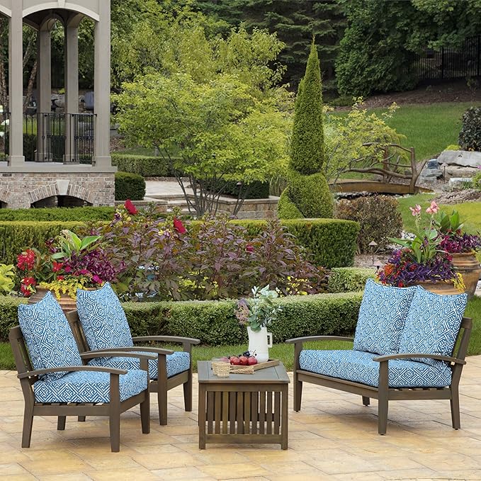 Arden Outdoor Deep Seat Cushion Set, 22 in x 24 in, Weather-Proof, Rain-Proof, Fade Resistant Patio Cushion Amalfi Blue Tile