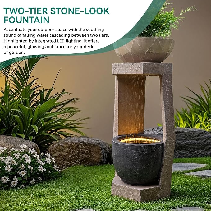 32" Outdoor Fountain, Modern Geometric Two Bowls Water Feature with LED Lights, Resin Soothing Cascading Waterfall for Patio, Backyard, Garden or Porch