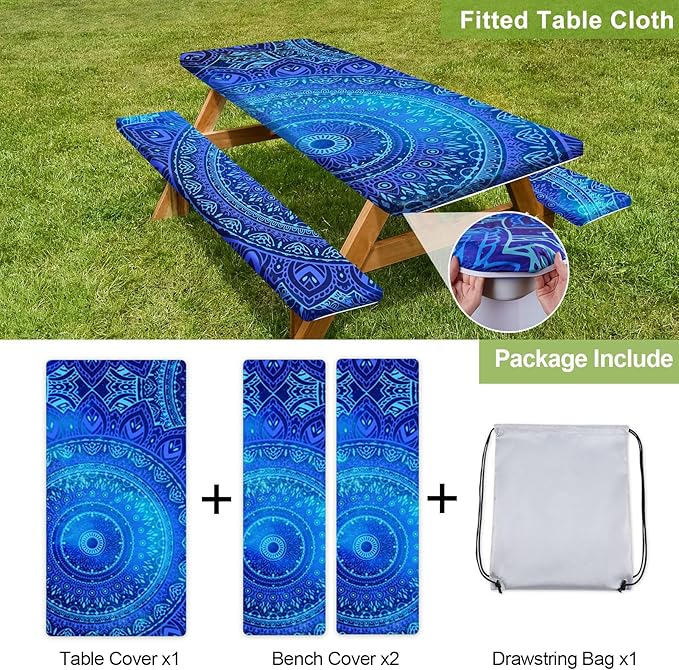 Picnic Table Cover with Bench Covers 6FT 3 Pcs Waterproof Windproof Aesthetic Camping Tablecloth with Drawstring Bag, Fitted for 6 Foot Rectangle Tables and Seats, 72 inch, Dark Blue Green
