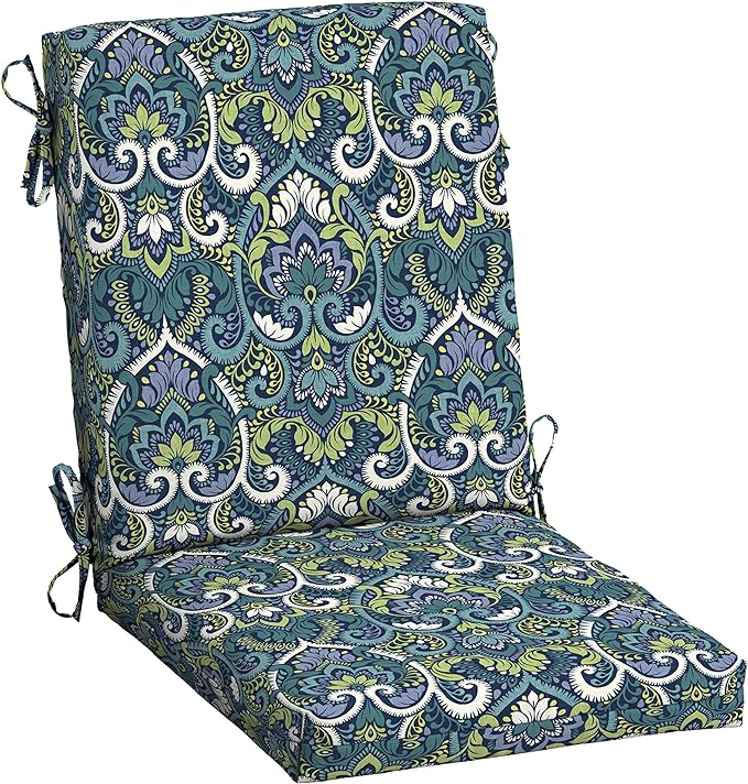 Arden 2-Pack Outdoor Patio Dining Chair Cushion, 20x44, Rain-Proof Seat Pad, Fade-Resistant Outdoor Cushion Sapphire Aurora Blue Damask